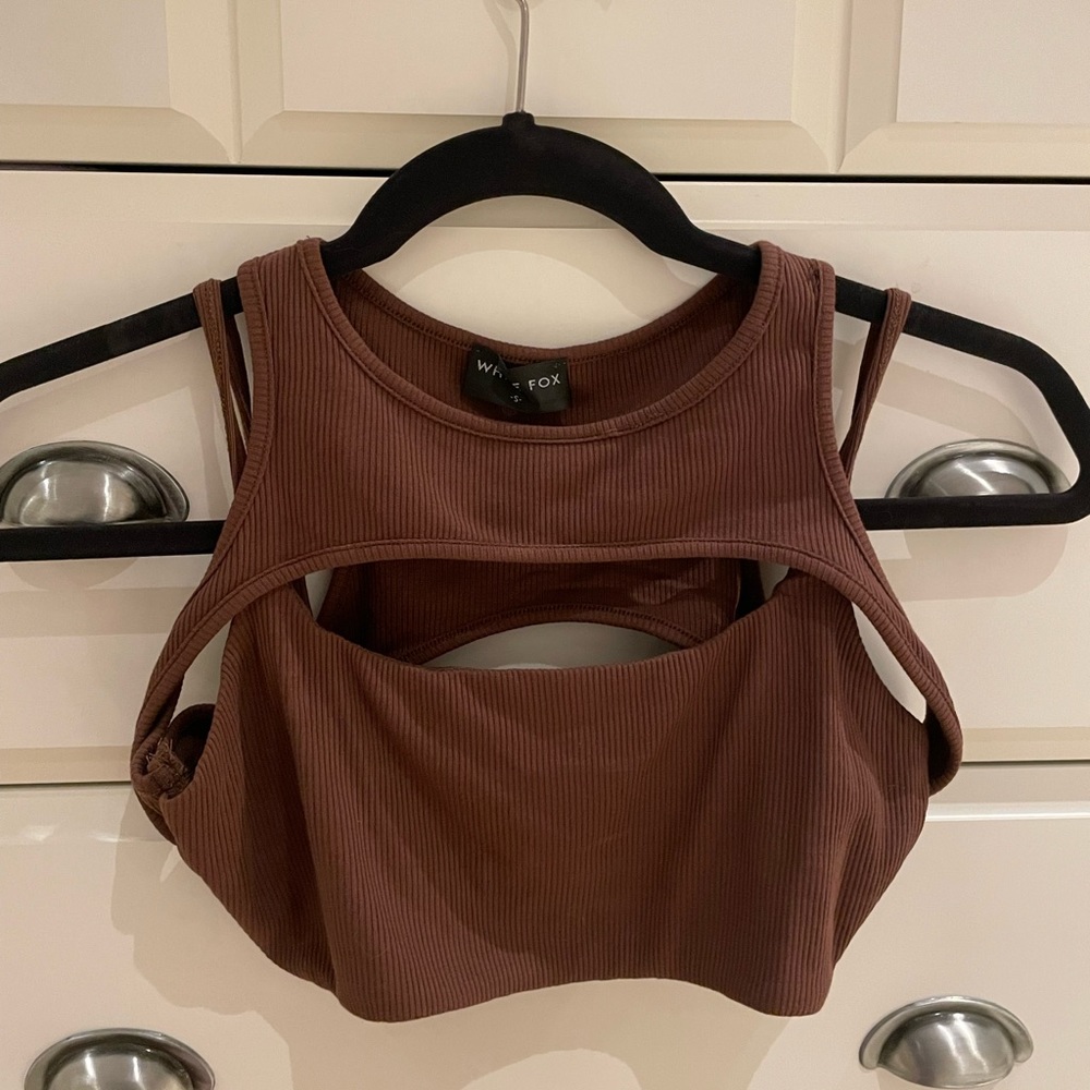 White Fox Brown Ribbed Crop Tank Top — Size S